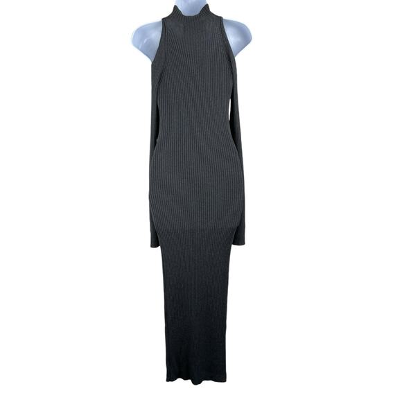 ASTR Charcoal Gray Cold Shoulder Mock Neck Bodycon Midi Sweater Dress Medium NWT - Picture 4 of 14